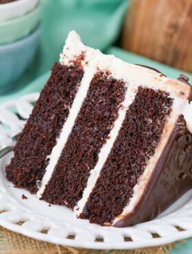 Overhead image of a slice of baileys chocolate cake on a plate.