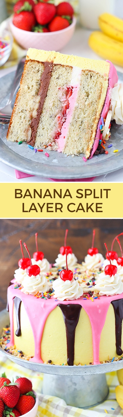 Banana Split Layer Cake - layers of moist banana cake with chocolate and strawberry buttercream filling, sliced bananas and strawberries, nuts, sprinkles and chocolate ganache! Banana split cake heaven!