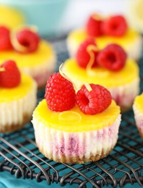 image of Lemon Raspberry Mini Cheesecakes on cooking rack