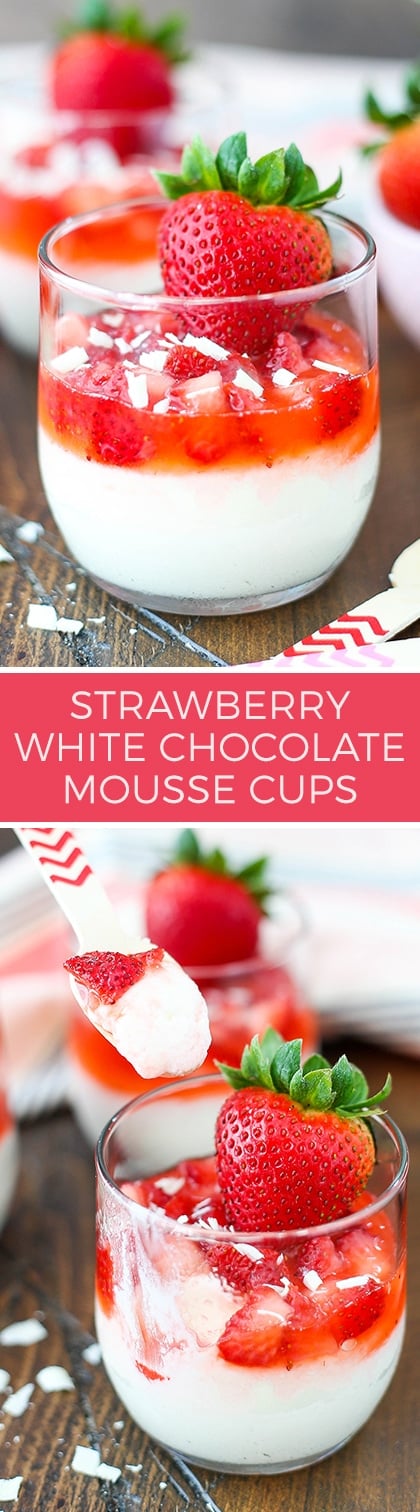 Strawberry White Chocolate Mousse Cups - a light, easy-to-make white chocolate mousse topped with the most amazing strawberry sauce!