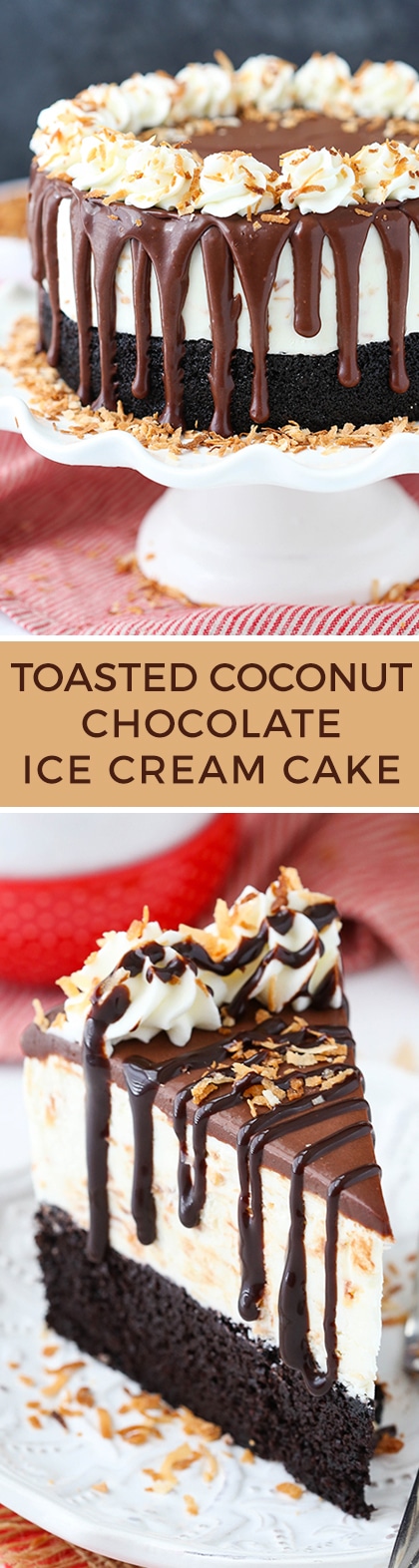 Toasted Coconut Chocolate Ice Cream Cake - no churn ice cream with toasted coconut, moist chocolate cake and chocolate ganache! Such a delicious dessert recipe!