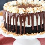 Toasted Coconut Chocolate Ice Cream Cake on a cake stand