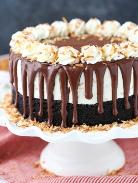 Toasted Coconut Chocolate Ice Cream Cake on a cake stand