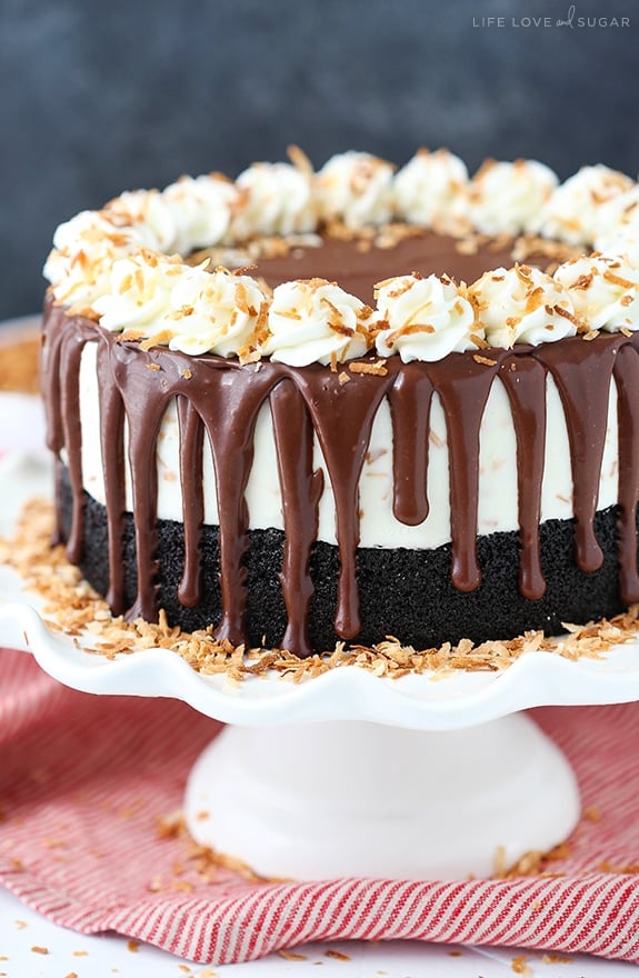 Toasted Coconut Chocolate Ice Cream Cake on a cake stand