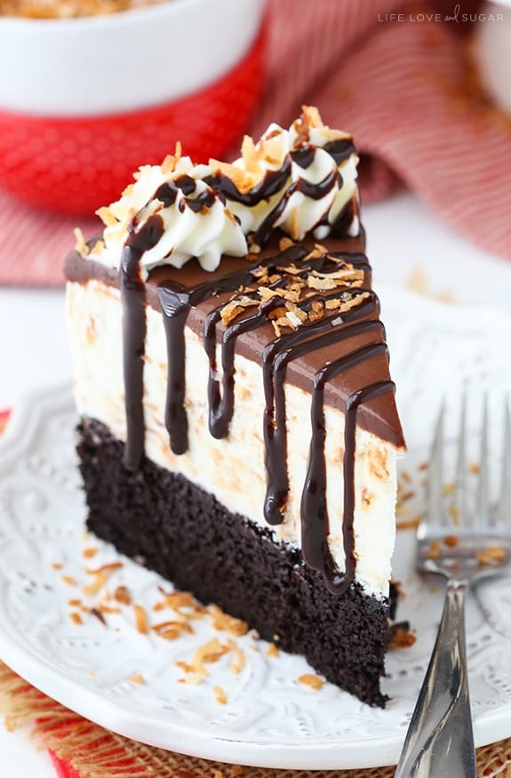 Toasted Coconut Chocolate Ice Cream Cake slice on a plate