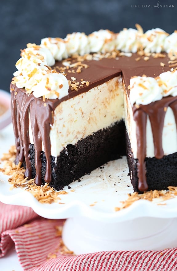 Toasted Coconut Chocolate Ice Cream Cake on a cake stand with a slice removed