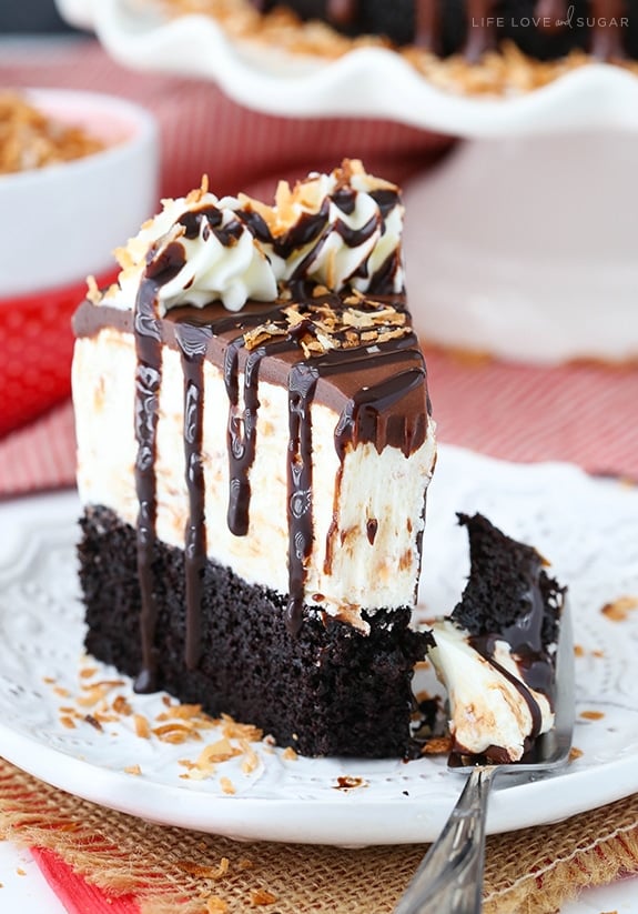 Toasted Coconut Chocolate Ice Cream Cake slice on a plate with a bite on a fork