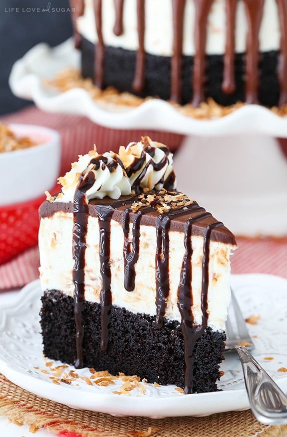 Toasted Coconut Chocolate Ice Cream Cake slice on a plate