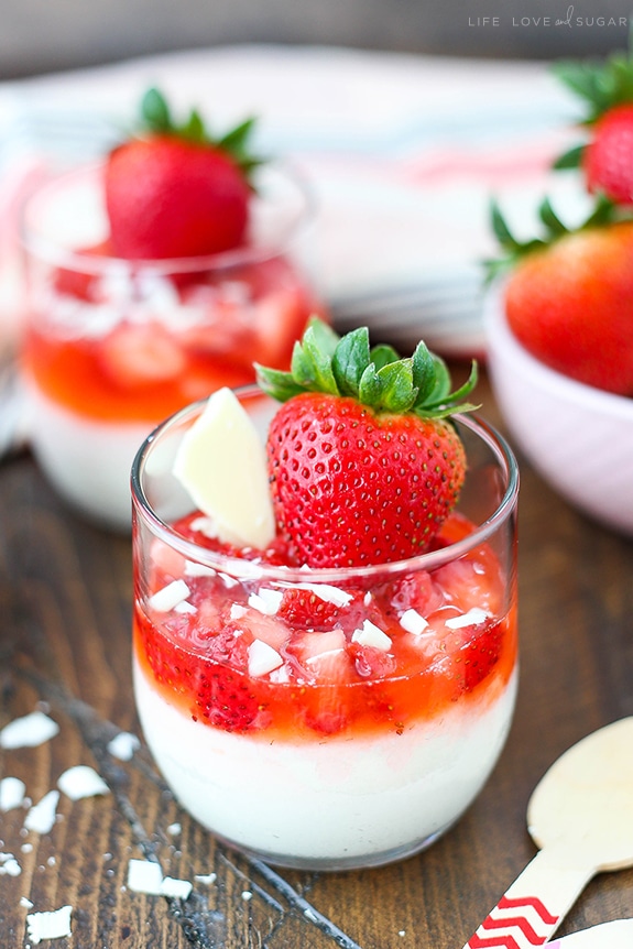 Strawberry White Chocolate Mousse Cups - a light, easy-to-make white chocolate mousse topped with the most amazing strawberry sauce!