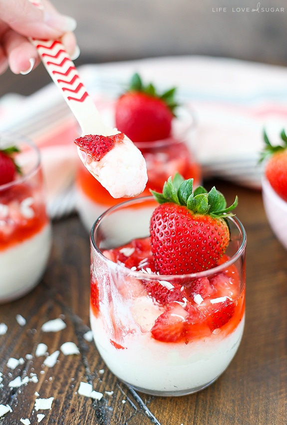 Strawberry White Chocolate Mousse Cups - a light, easy-to-make white chocolate mousse topped with the most amazing strawberry sauce!