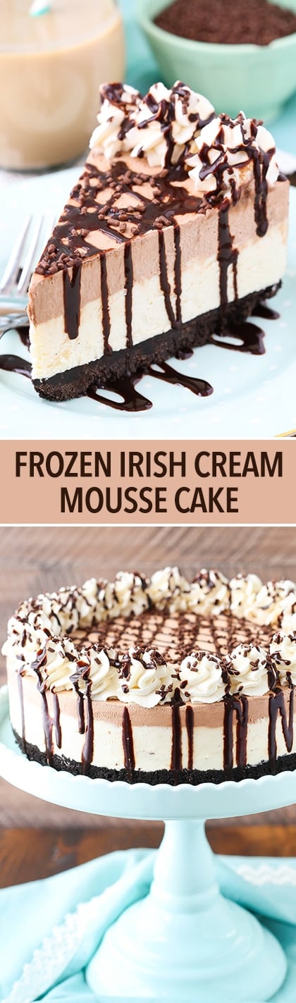 Frozen Irish Cream Mousse Cake - chocolate and Irish cream combine to make this amazing frozen cake!