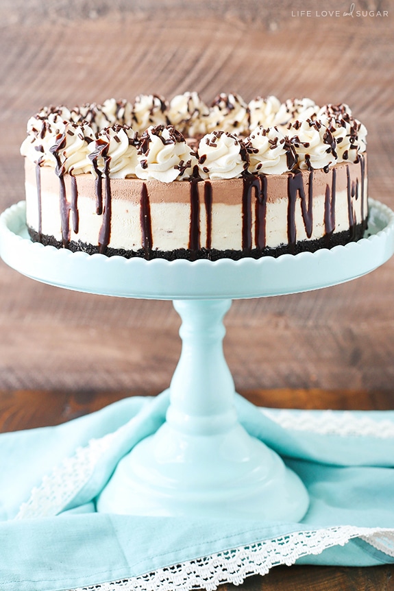 Frozen Irish Cream Mousse Cake on a cake stand