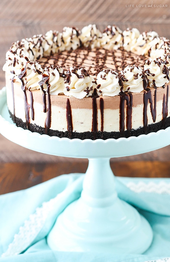 Side view of Frozen Irish Cream Mousse Cake on a cake stand