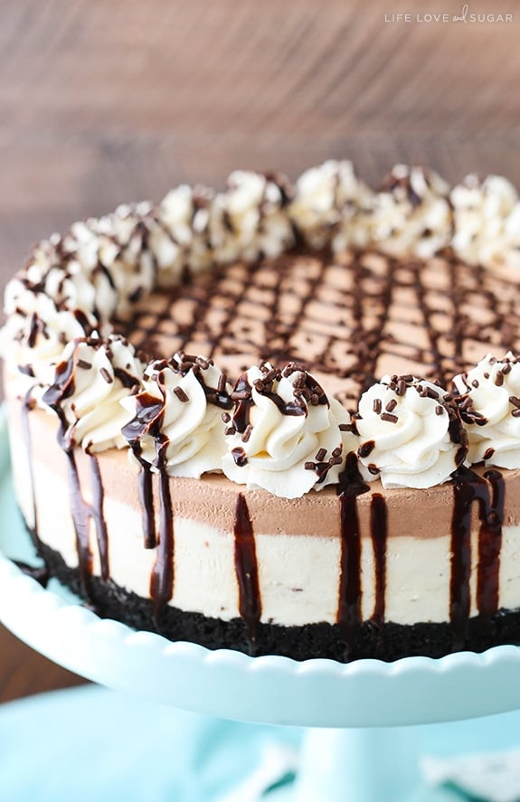 Close-up of a Frozen Irish Cream Mousse Cake on a cake stand