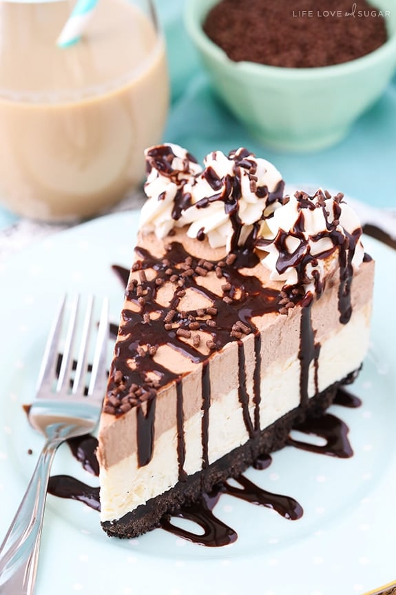 Frozen Irish Cream Mousse Cake slice on a plate