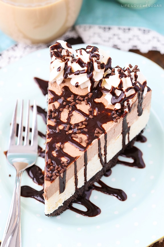 Overhead view of a slice of Frozen Irish Cream Mousse Cake