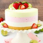 Key Lime Strawberry Coconut Ice Cream Cake on cake stand