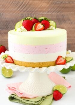 Key Lime Strawberry Coconut Ice Cream Cake on cake stand