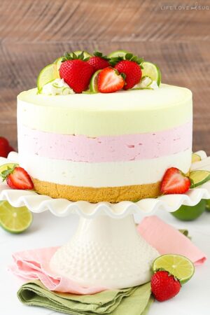 Key Lime Strawberry Coconut Ice Cream Cake on cake stand