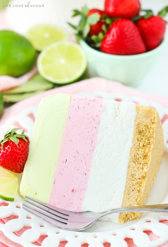 Key Lime Strawberry Coconut Ice Cream Cake slice on a plate