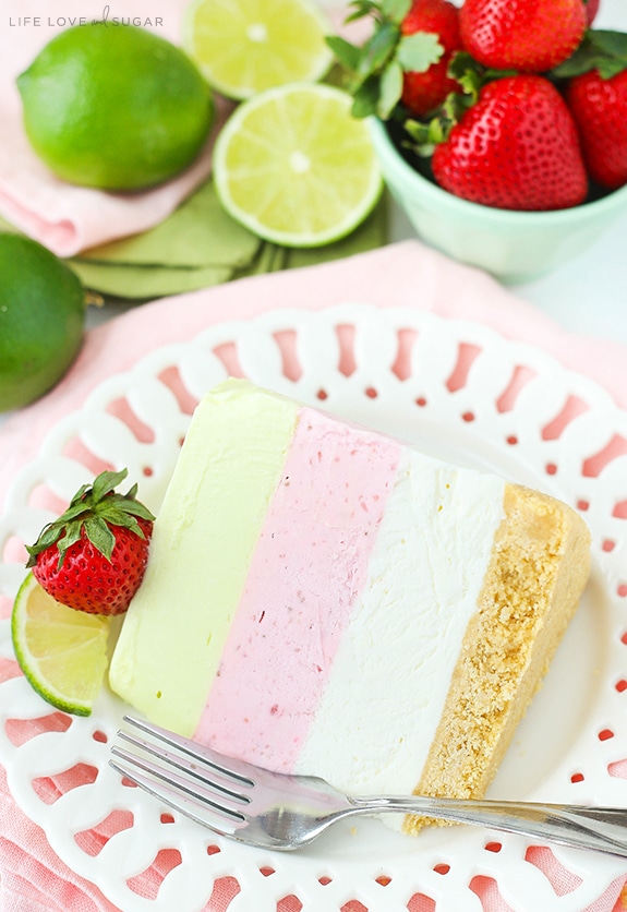 Key Lime Strawberry Coconut Ice Cream Cake slice on a plate
