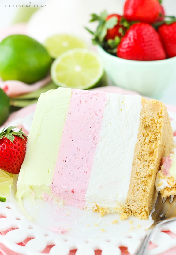 Key Lime Strawberry Coconut Ice Cream Cake slice on a plate