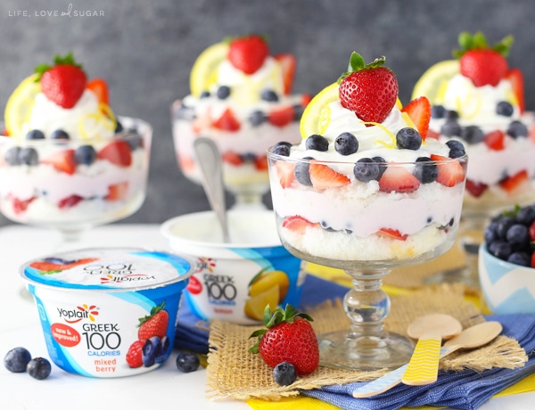 Lemon Berry Greek Yogurt Trifles next to Yoplait Greek yogurt cups