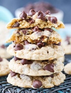 A stack of Oatmeal Chocolate Chip Cookies on a cooling rack