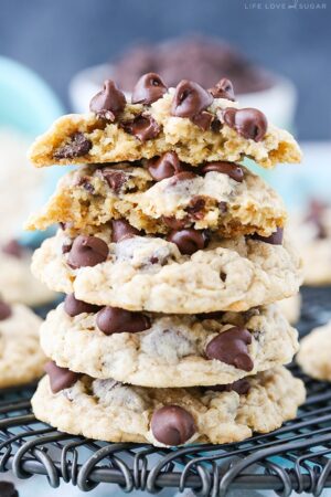 A stack of Oatmeal Chocolate Chip Cookies on a cooling rack