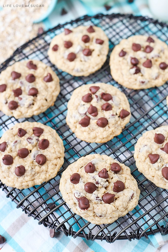 Overhead view of Oatmeal Chocolate Chip Cookies on a cooling rack