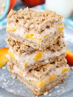 A Stack of Peach Cinnamon Oatmeal Cheesecake Bars