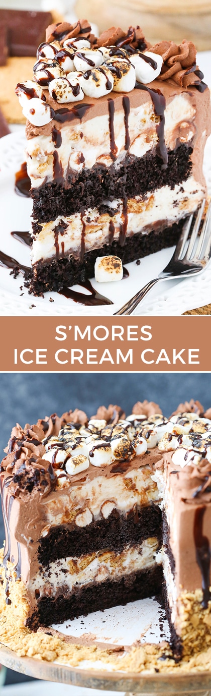 Smores Ice Cream Cake - Moist chocolate cake, chocolate fudge filled with marshmallows and a no churn ice cream with a marshmallow ribbon and graham crackers! To die for!