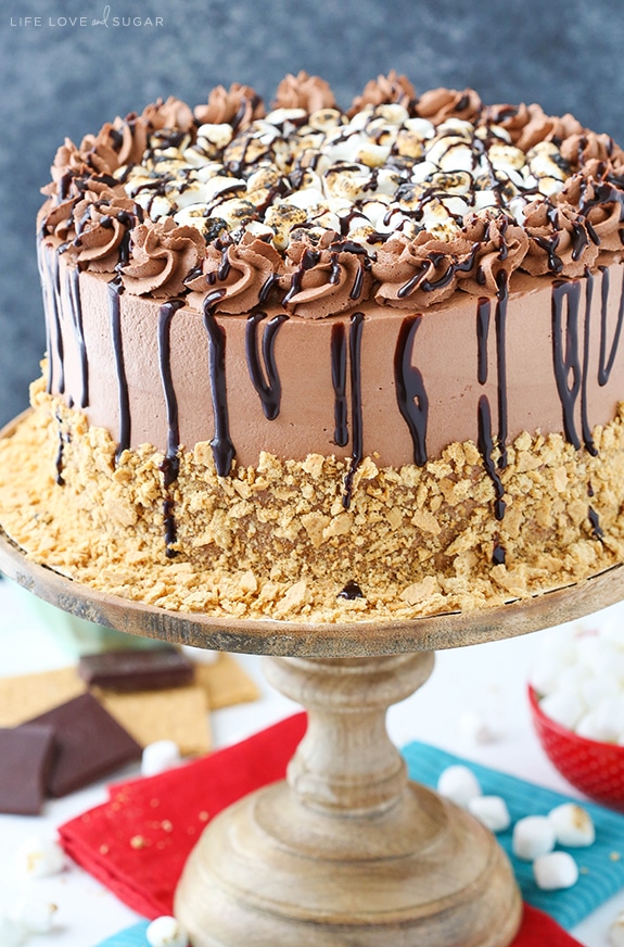 Smores Ice Cream Cake on a cake stand