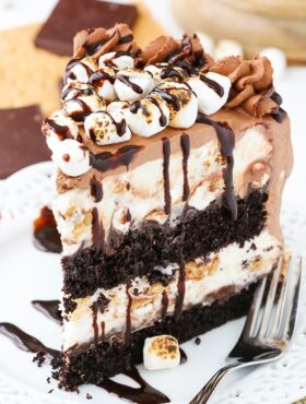 Smores Ice Cream Cake slice on a plate