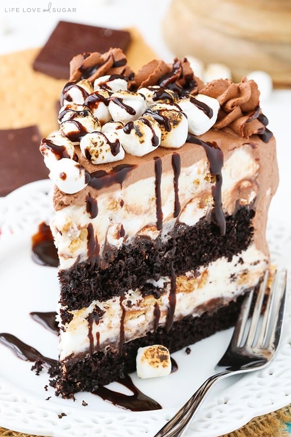 Smores Ice Cream Cake slice on a plate