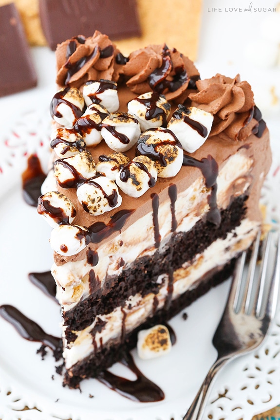 Overhead view of a slice of Smores Ice Cream Cake with marshmallows