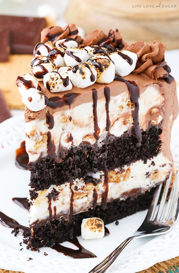 Smores Ice Cream Cake slice on a plate