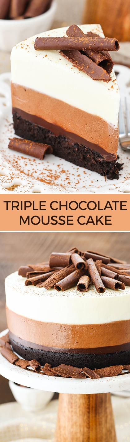 Triple Chocolate Mousse Cake - a layer of dense chocolate cake, chocolate fudge, chocolate mousse and white chocolate mousse! Delicious!
