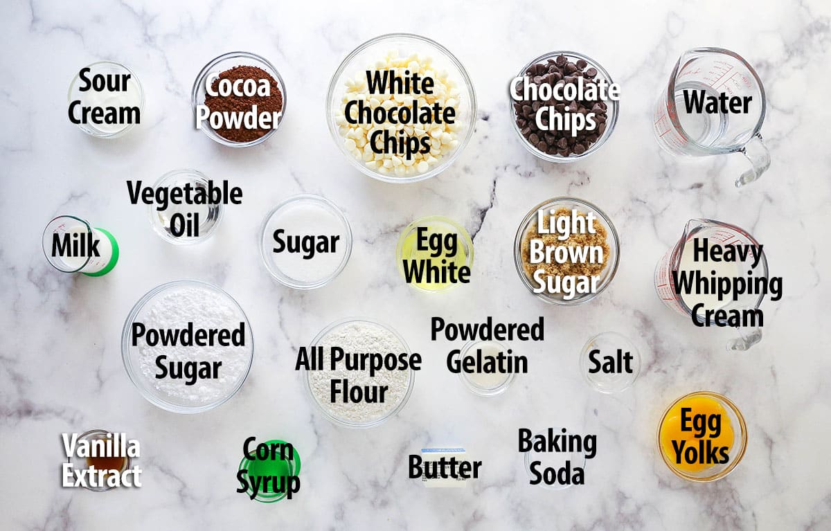 Overhead view of ingredients needed to make triple chocolate mousse cake