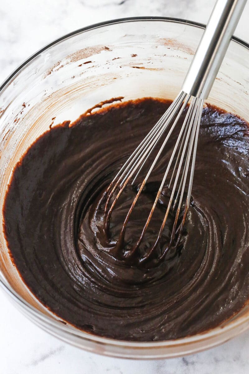 Chocolate cake batter in a bowl