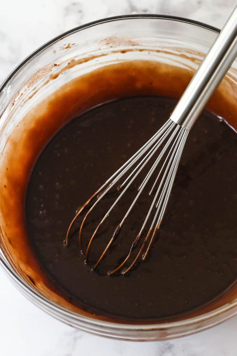 Cake batter with hot water added