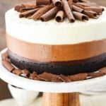 Triple Chocolate Mousse Cake on cake stand