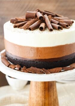 Triple Chocolate Mousse Cake on cake stand