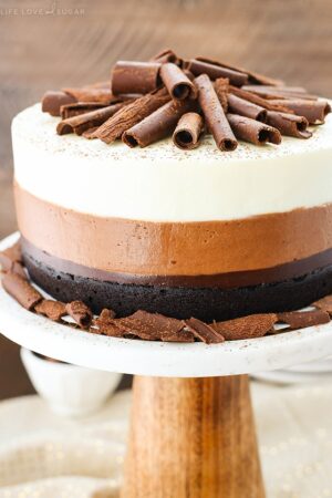 Triple Chocolate Mousse Cake on cake stand