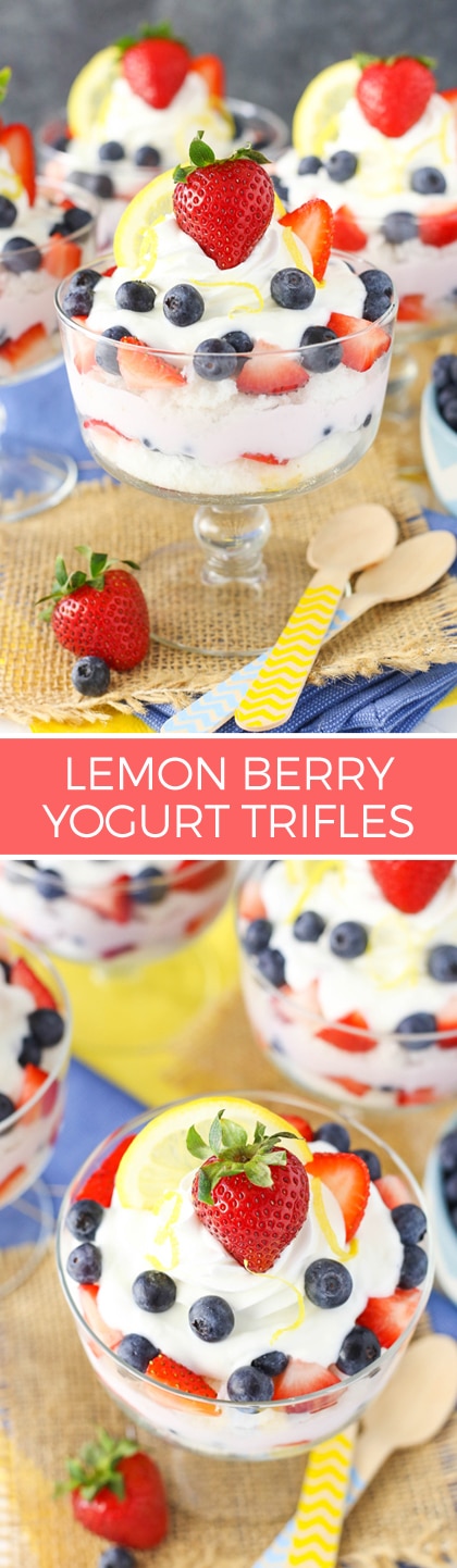 Lemon Berry Yogurt Trifles - layers of Yoplait Greek 100 lemon and mixed berry yogurt, angel food cake and fresh berries! Such an easy and delicious snack!