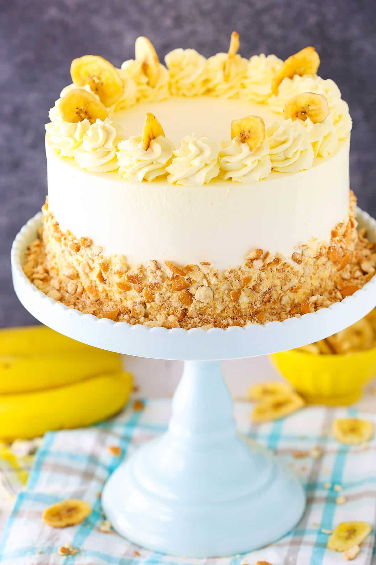 Banana pudding ice cream cake with crushed vanilla wafers.