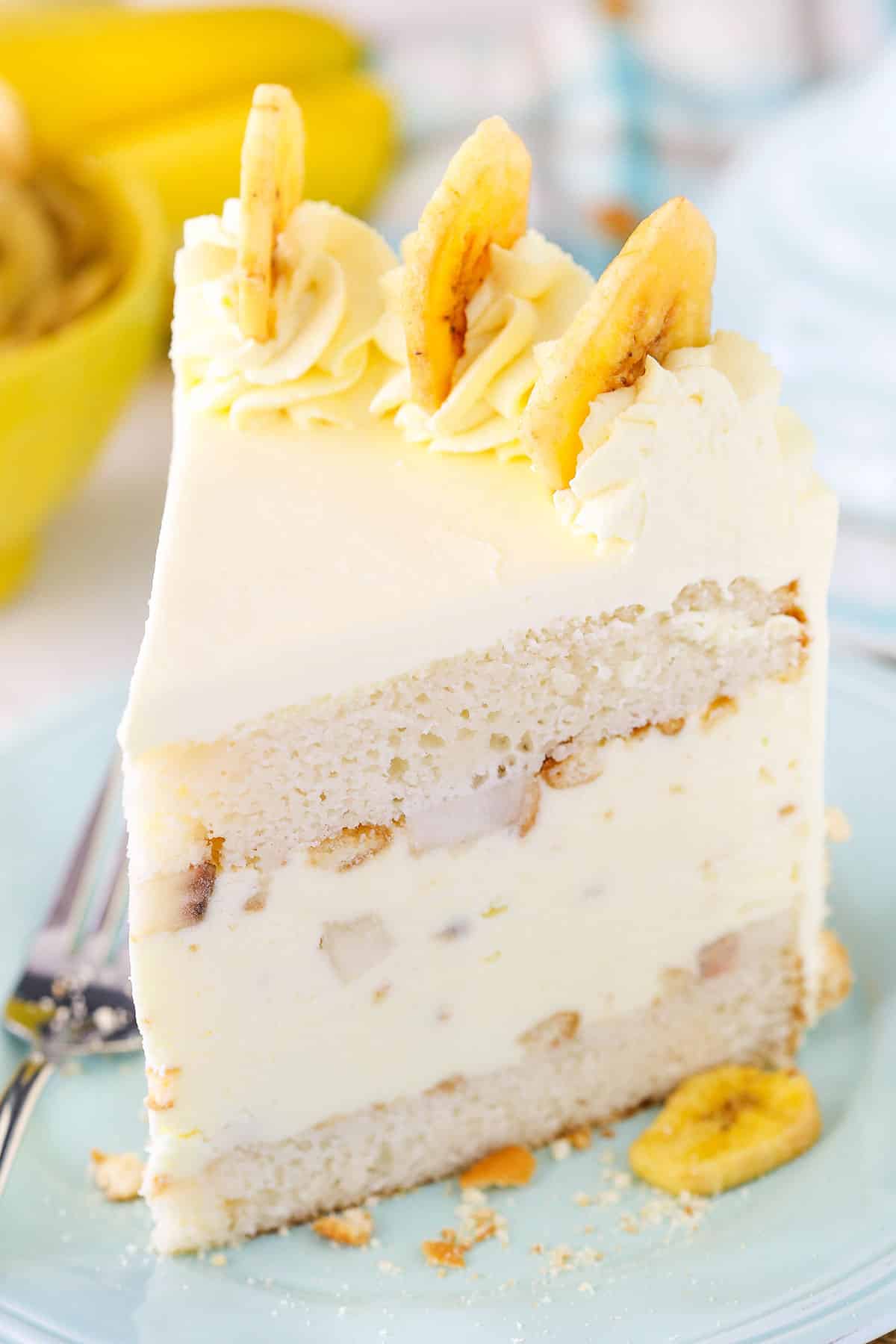 Slice of banana pudding ice cream cake.