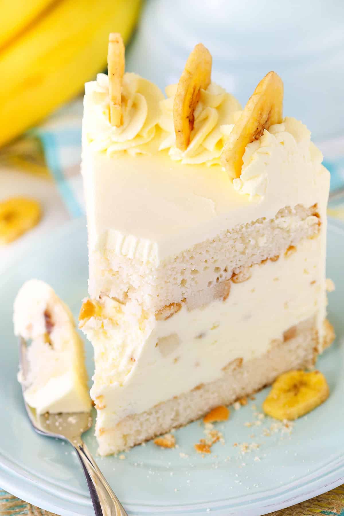 Slice of banana cake with banana slices.