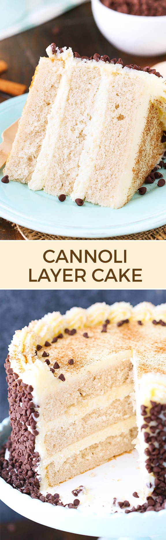 Cannoli Layer Cake - moist and fluffy layers of cinnamon cake with mascarpone and ricotta filling and a mascarpone frosting! To die for!