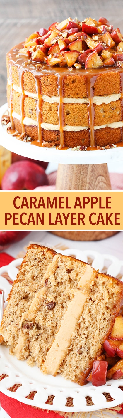 Caramel Apple Pecan Layer Cake - layers of spiced cake with pecans, caramel frosting and cinnamon apples all drizzled with caramel sauce!